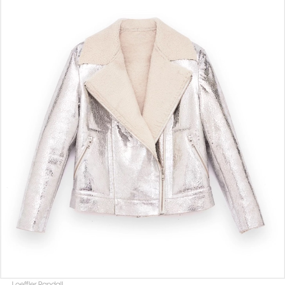 Loeffler Randall Reversible Silver Leather and Shearling Moto Jacket